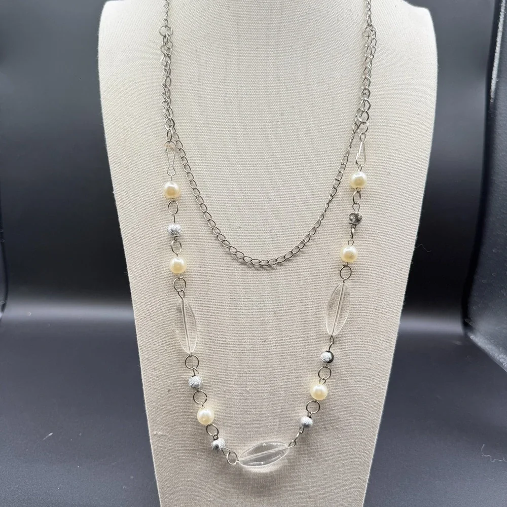 Silver Tone Faux Pearl Clear Bead Long Layering Necklace Y2K Boho Statement